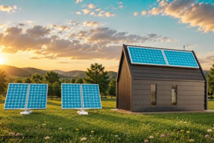 Solar batteries powering a modern home with rooftop solar panels and renewable energy system.