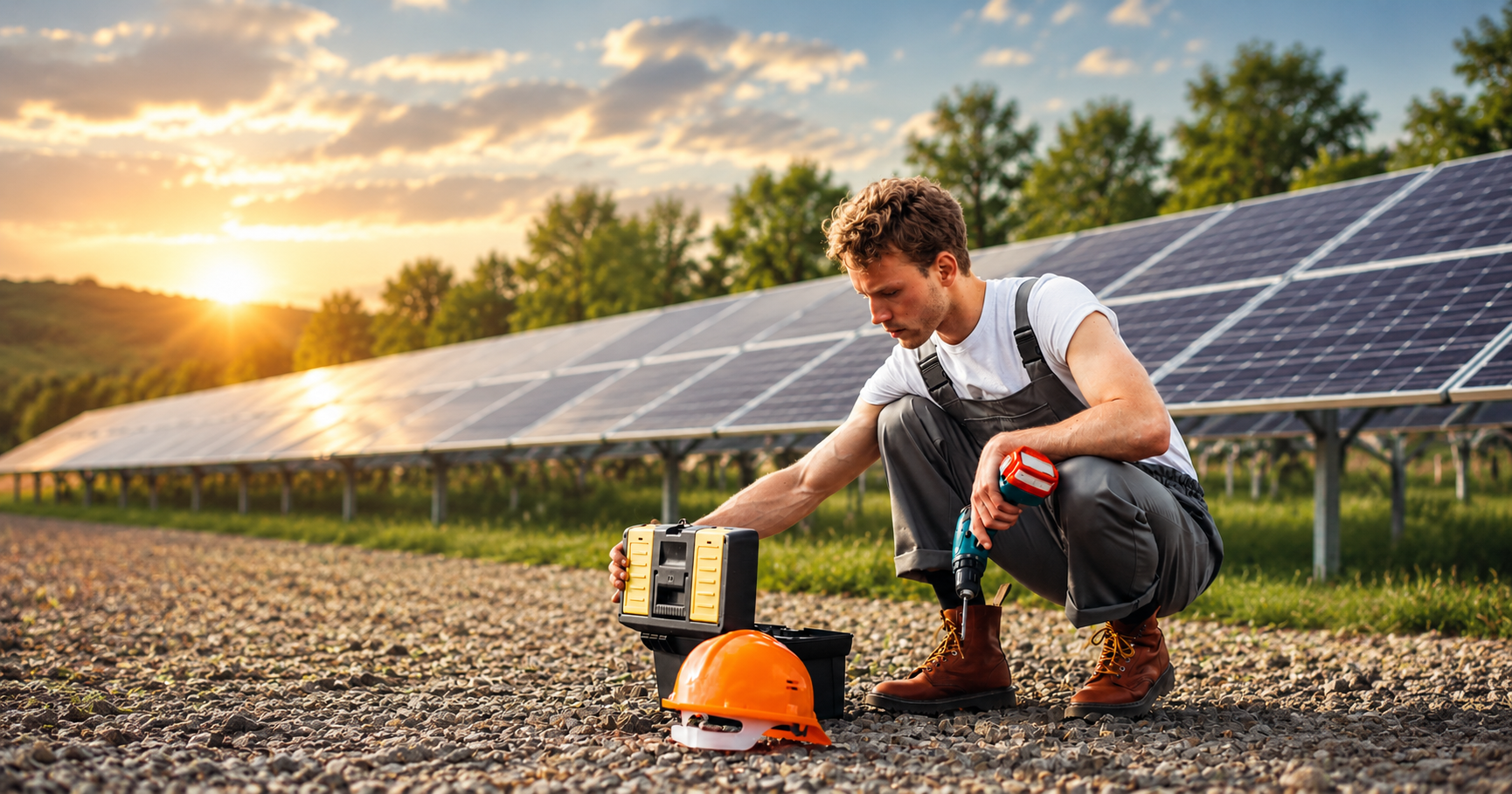 Solar batteries installation with technician working near solar panels for renewable energy storage.
