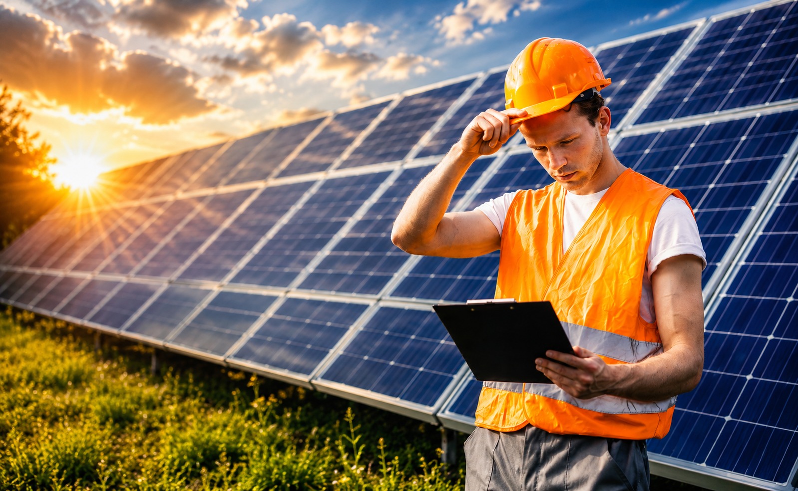 Solar status monitoring engineer inspecting solar panel performance and energy system efficiency at a solar power plant.