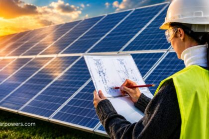 Solar status inspection of a photovoltaic system, with an engineer monitoring solar panel performance and energy efficiency.