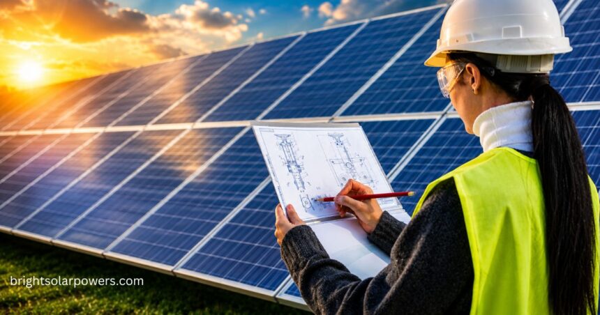 Solar status inspection of a photovoltaic system, with an engineer monitoring solar panel performance and energy efficiency.