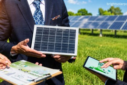 Australian Premium Solar IPO GMP concept with professionals reviewing a solar panel at a solar farm.