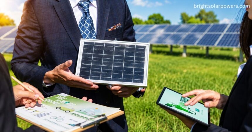 Australian Premium Solar IPO GMP concept with professionals reviewing a solar panel at a solar farm.