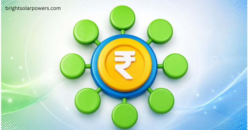 KUSUM Scheme illustration showing solar energy subsidy and financial support for farmers in India.