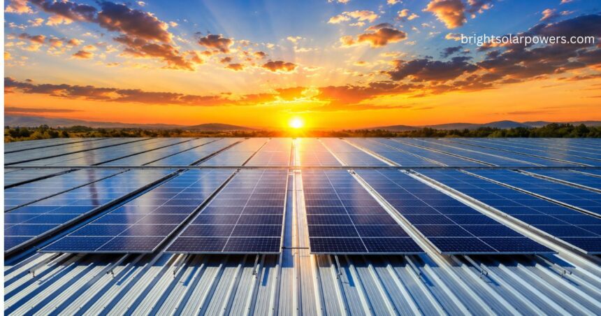 Luminous solar panels generating clean energy at sunrise, ideal for efficient residential and commercial solar power solutions.
