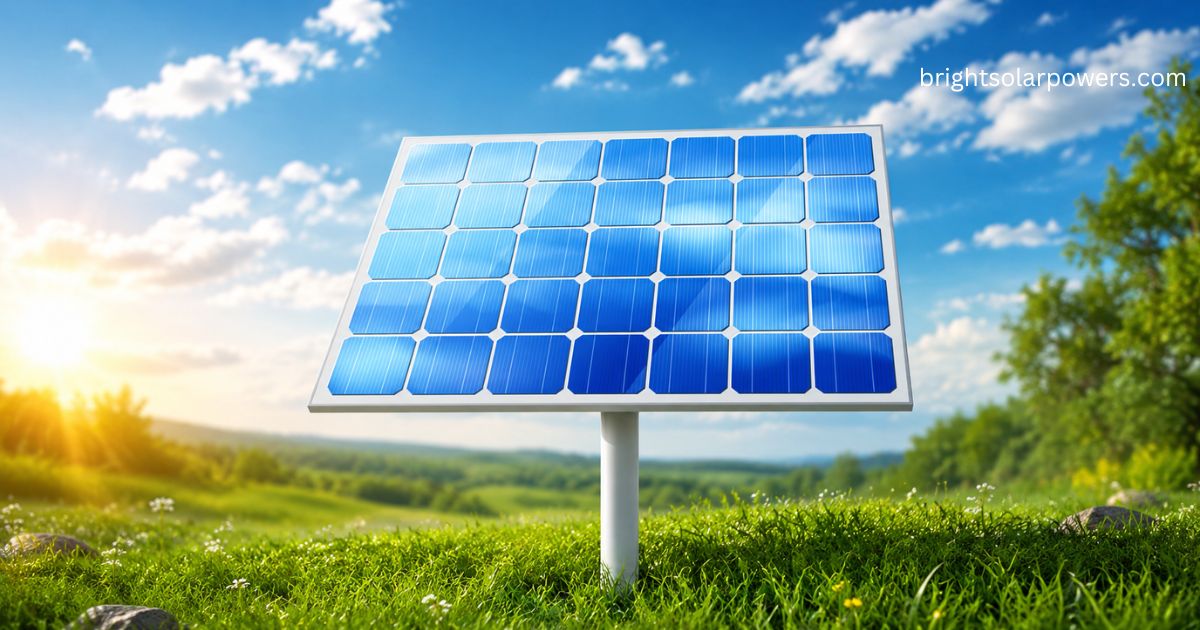 Luminous solar panel installed in a green landscape, generating clean and efficient renewable energy under a bright blue sky.