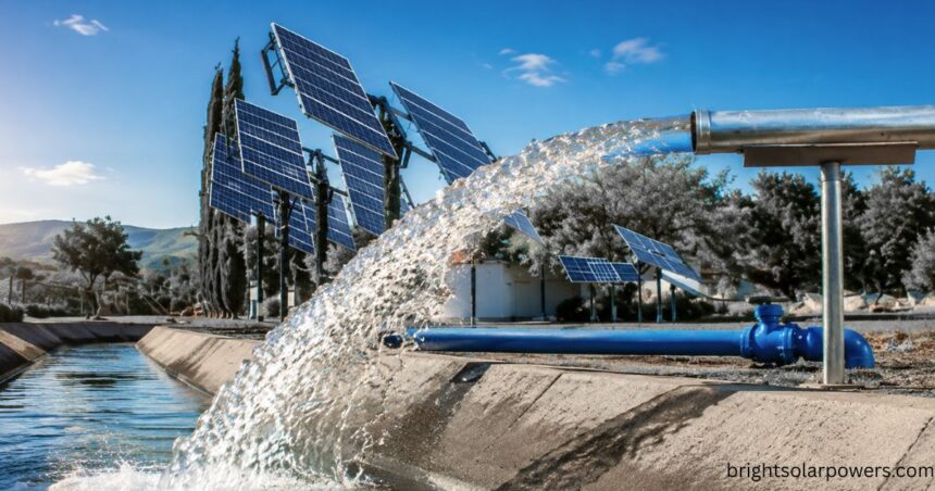 MP solar pump system using solar panels for efficient water pumping and irrigation.
