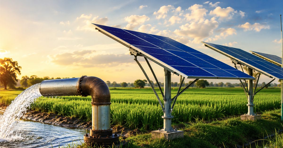 MP Solar Pump installed in an agricultural field, using solar panels to power efficient water irrigation for sustainable farming.