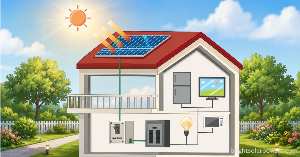 MPPT Full Form (Maximum Power Point Tracking) solar energy system with rooftop solar panels, inverter, and household appliances.