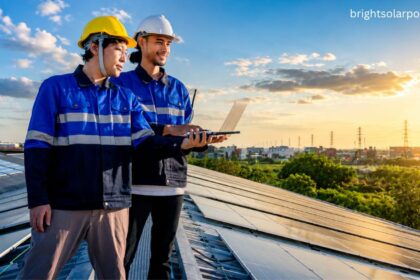 Engineers inspecting rooftop solar panels using a laptop for the National Portal for Rooftop Solar installation and monitoring.