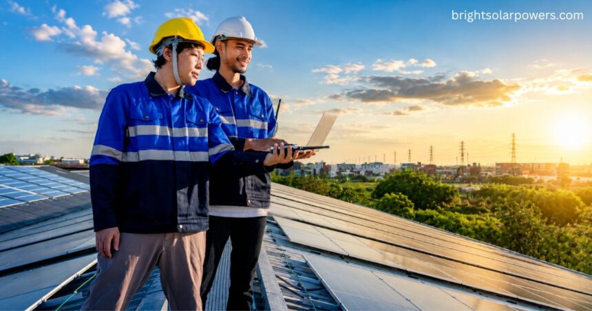 Engineers inspecting rooftop solar panels using a laptop for the National Portal for Rooftop Solar installation and monitoring.