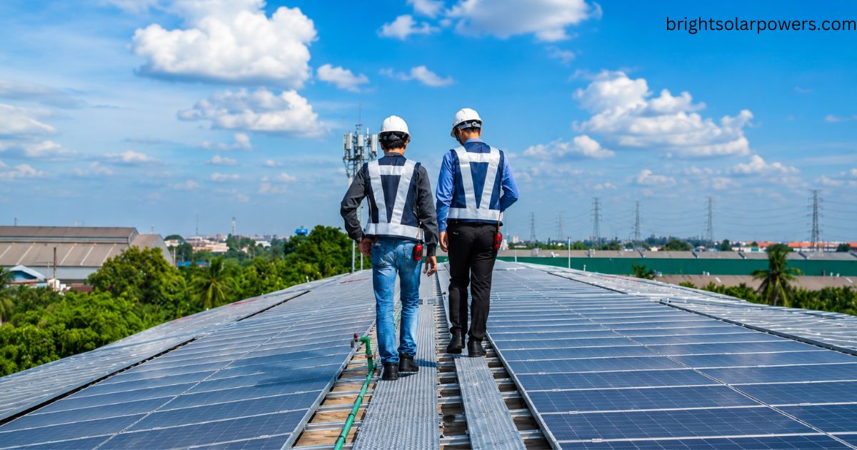 Engineers inspecting rooftop solar panels under the National Portal for Rooftop Solar initiative.