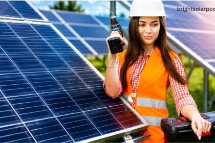 Premier Solar technician installing high-efficiency solar panels at a clean energy project site.