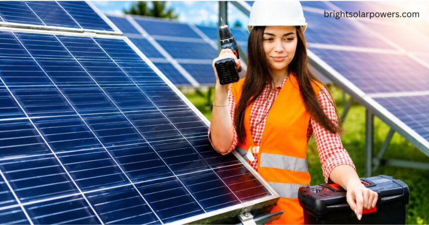 Premier Solar technician installing high-efficiency solar panels at a clean energy project site.