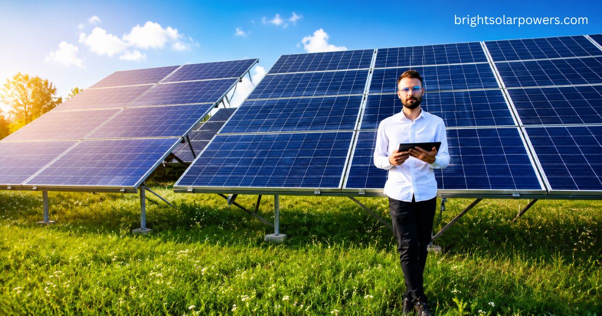 Premier Solar expert inspecting high-efficiency solar panels at a renewable energy installation site.