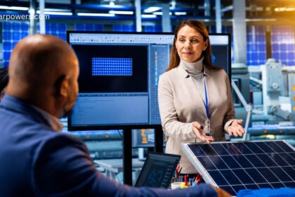 PV application experts demonstrating solar panel technology for efficient photovoltaic energy generation and renewable power solutions.