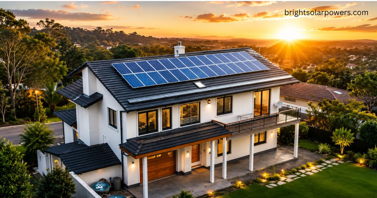 Real solar rooftop panels on a modern home generating clean and renewable energy.