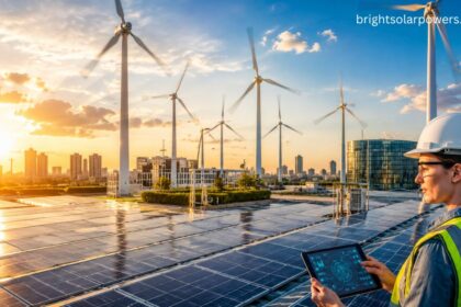 Solar application monitoring system with rooftop solar panels, wind turbines, and smart renewable energy management technology.
