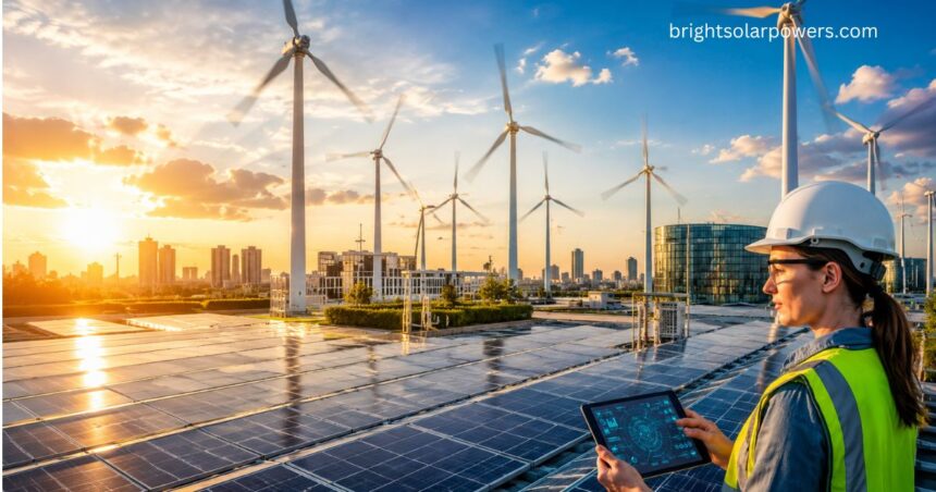 Solar application monitoring system with rooftop solar panels, wind turbines, and smart renewable energy management technology.