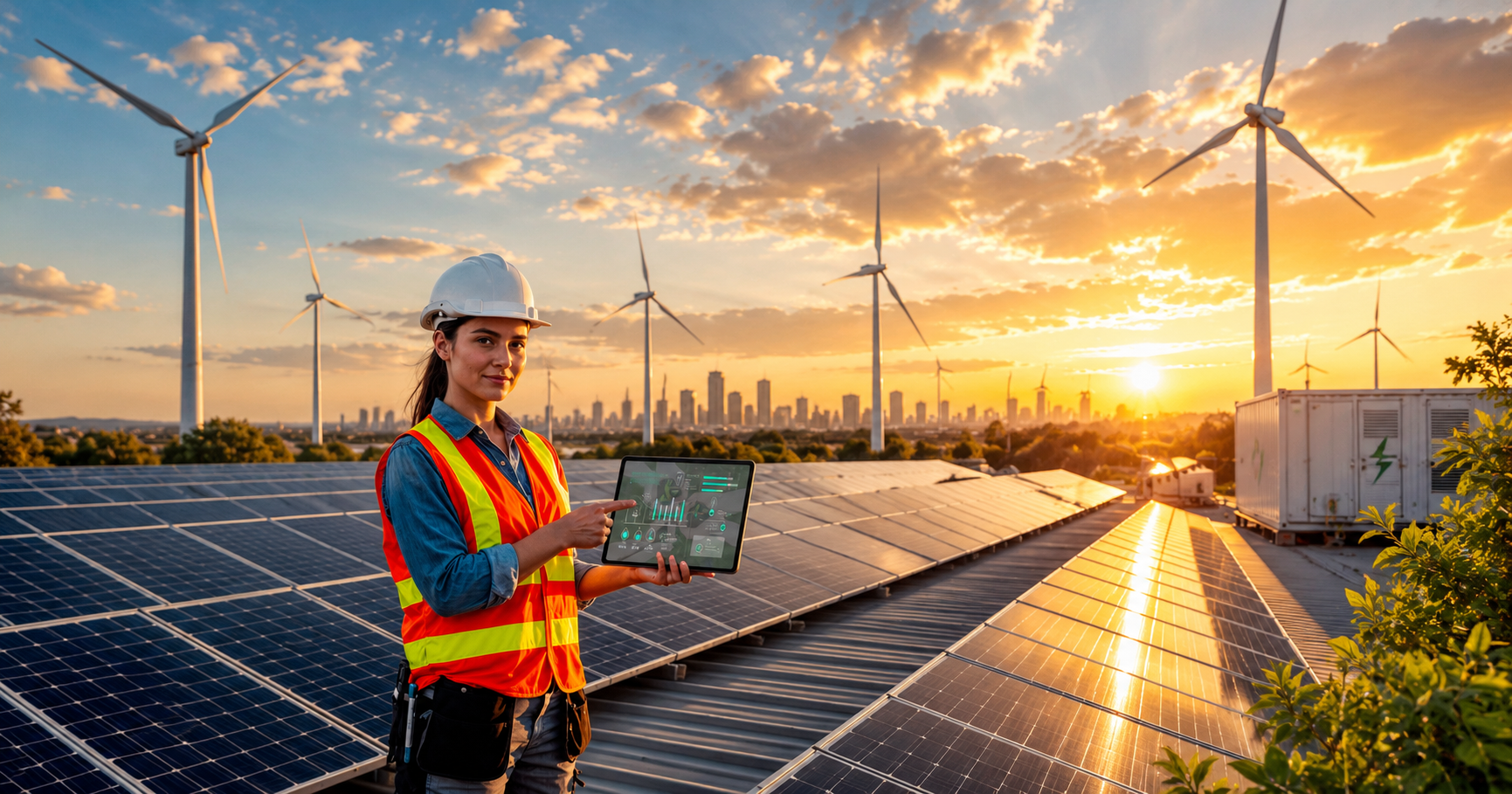Solar application monitoring with smart energy management dashboard at a solar and wind power facility.