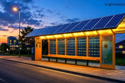Modern solar bus stop with rooftop solar panels providing sustainable public transport shelter.