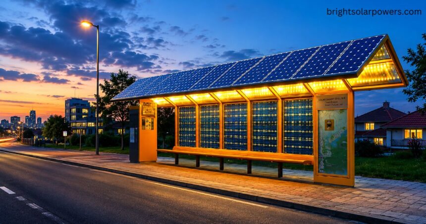 Modern solar bus stop with rooftop solar panels providing sustainable public transport shelter.