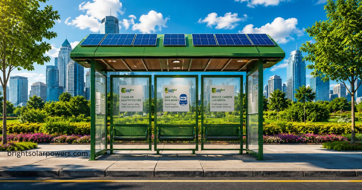 Solar bus stop with rooftop solar panels powering an eco-friendly public transport shelter.