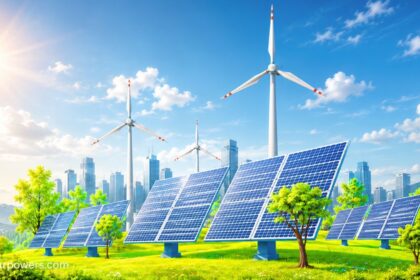 Solar fan system with solar panels and wind turbines generating clean renewable energy in a green landscape.