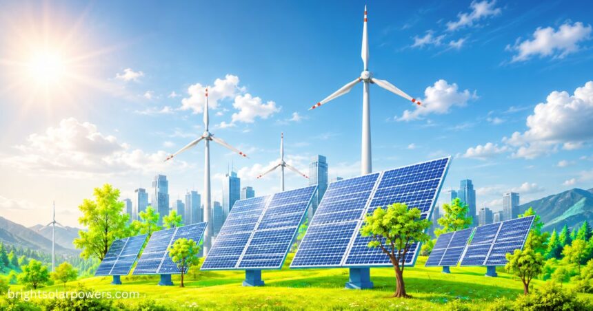 Solar fan system with solar panels and wind turbines generating clean renewable energy in a green landscape.