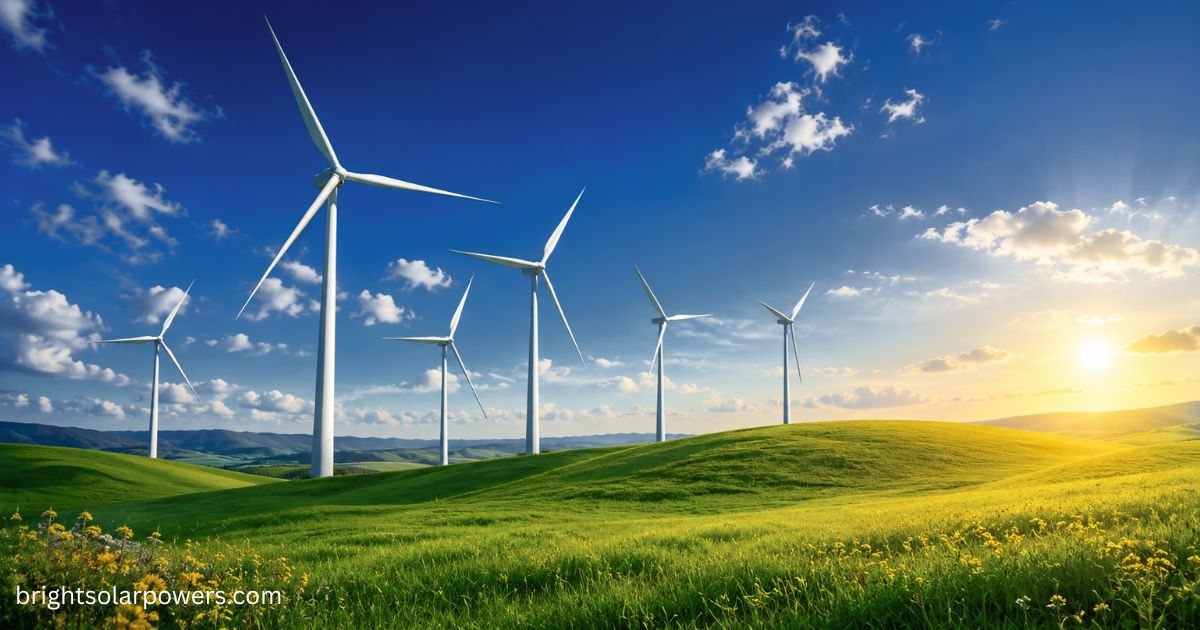 Solar fan concept showing wind turbines generating renewable energy on a green landscape under a clear sky.