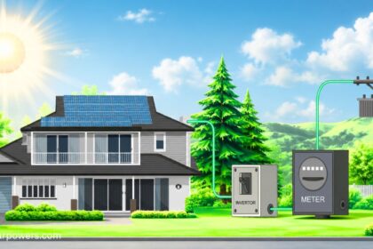 Solar furnace concept showing solar energy system with rooftop panels, inverter, and electric meter powering a modern home.