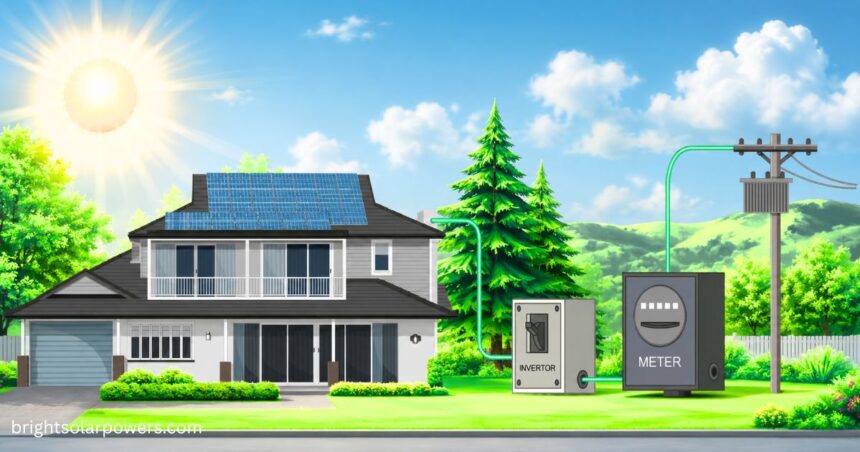 Solar furnace concept showing solar energy system with rooftop panels, inverter, and electric meter powering a modern home.