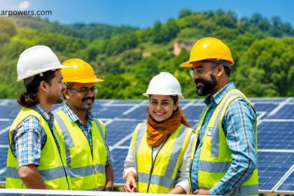 Engineers inspecting solar panels at a leading solar panel company in India.