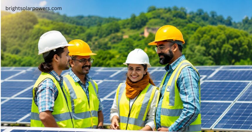Engineers inspecting solar panels at a leading solar panel company in India.