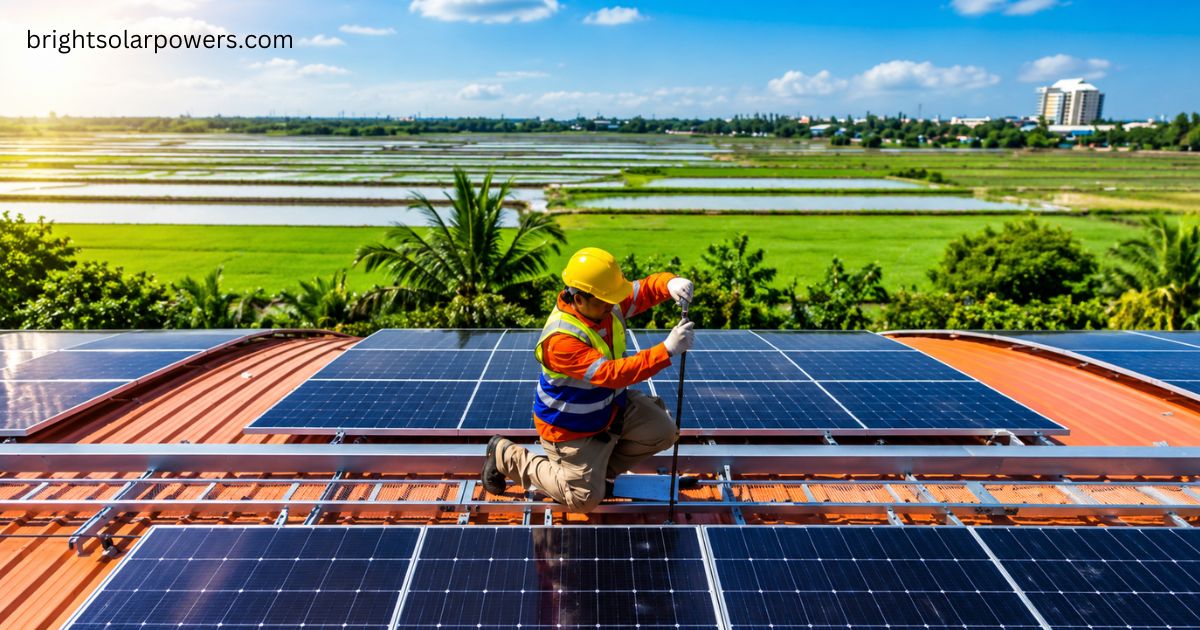 Professional technician installing rooftop solar panels as part of renewable energy solutions offered by leading solar panel companies in India.
