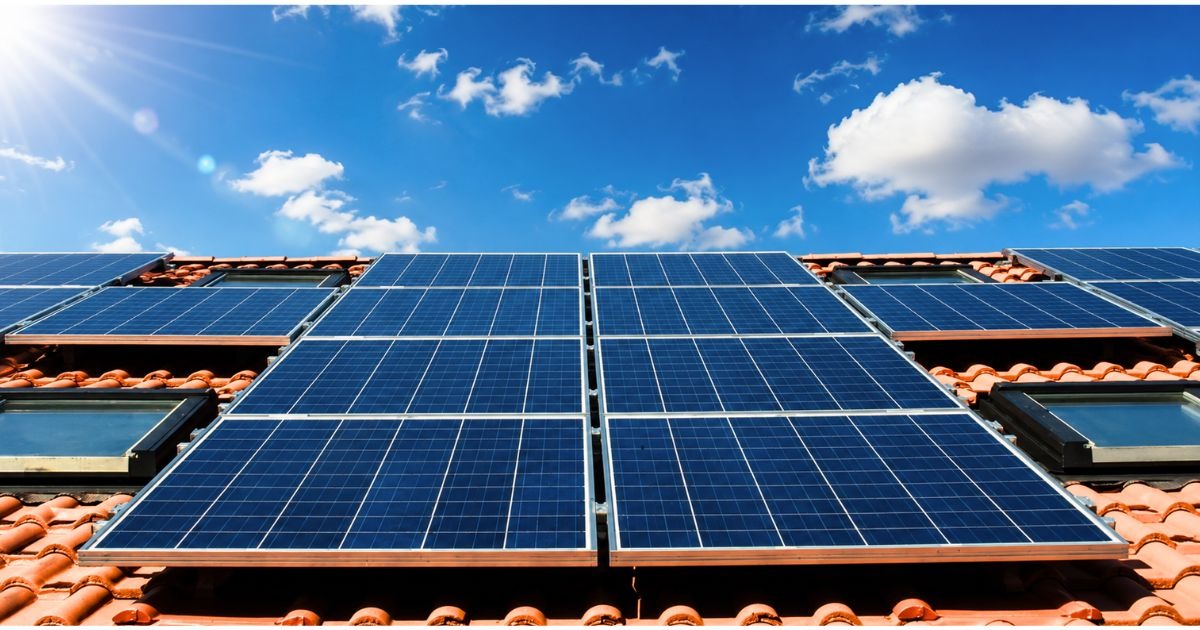 Blue solar panels mounted on red tile roof under bright sky showing affordable solar panel installation cost
