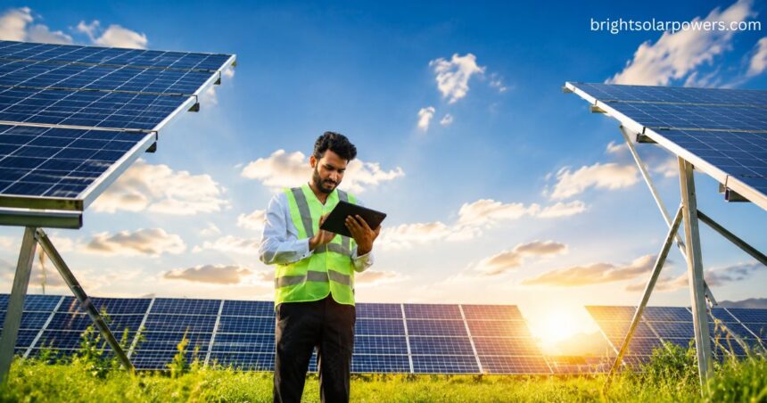 Solar panel price Delhi with technician inspecting commercial solar panels for cost-effective clean energy.