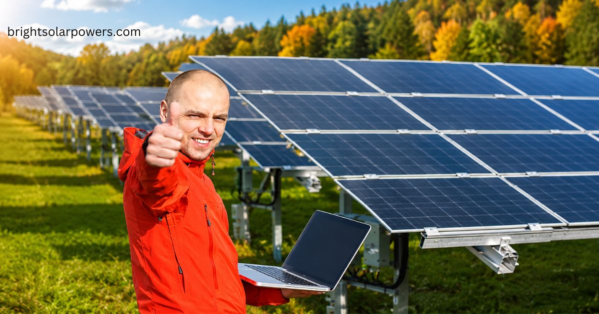 Solar plant business professional managing a commercial solar farm for clean energy production.