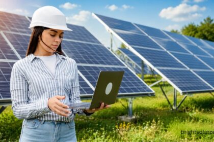 Solar plant business professional monitoring a solar power installation with a laptop for efficient energy management.