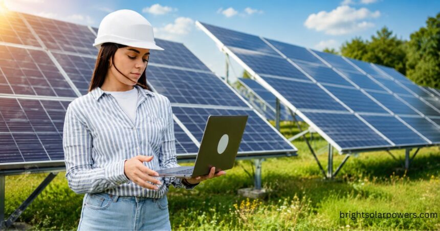 Solar plant business professional monitoring a solar power installation with a laptop for efficient energy management.