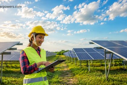 Engineer inspecting a solar power plant with photovoltaic panels for renewable energy generation.