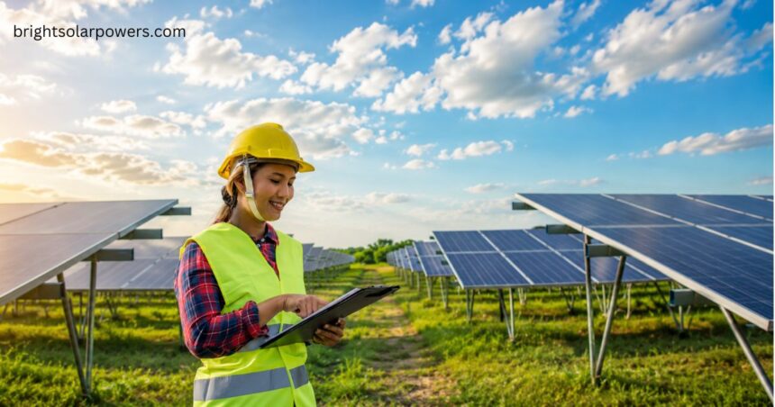 Engineer inspecting a solar power plant with photovoltaic panels for renewable energy generation.