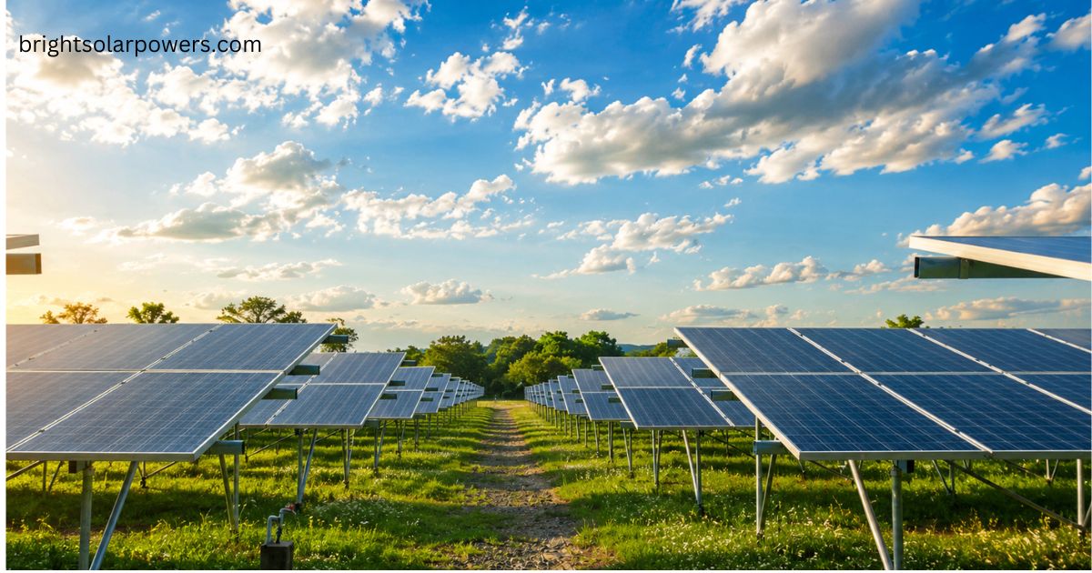 Solar power plant with rows of photovoltaic solar panels generating clean renewable energy under a bright blue sky.