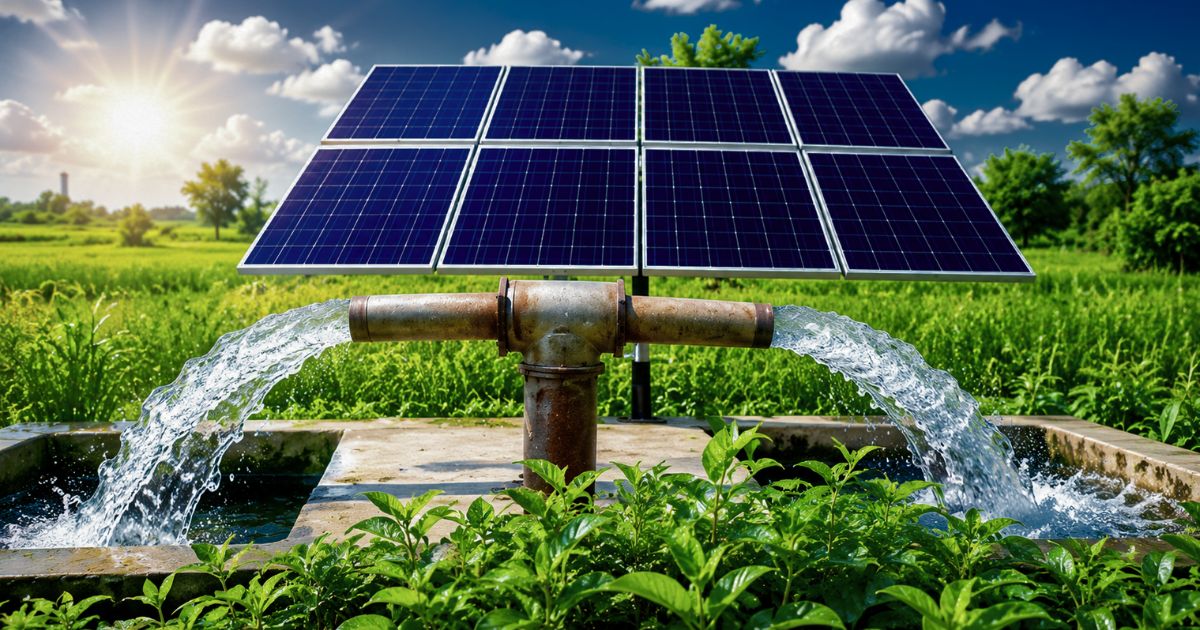 Solar pump with PV panels flowing water into a farm well