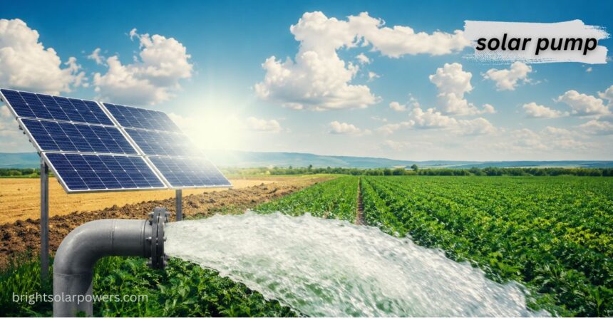 Solar pump system with photovoltaic panels delivering water flow to a green agricultural irrigation field under bright sunlight
