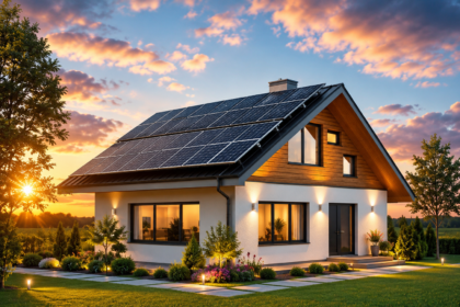 Solar rooftop panels installed on a modern eco-friendly house generating clean renewable energy.