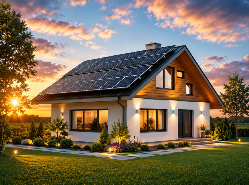 Solar rooftop panels installed on a modern eco-friendly house generating clean renewable energy.