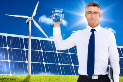 Businessman calculating savings from solar subsidy in UP with solar panels and wind energy background.