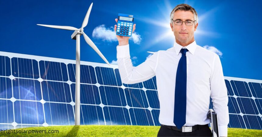 Businessman calculating savings from solar subsidy in UP with solar panels and wind energy background.
