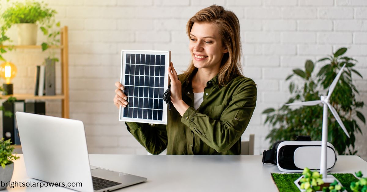 Woman showcasing solar panel for solar subsidy in UP benefits